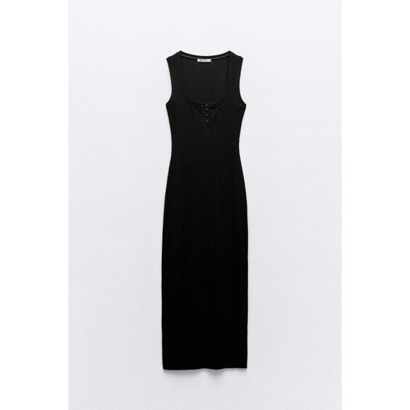 Zara Black Ribbed Button Front Detail Sleeveless Midi Dress - Picture 1 of 4